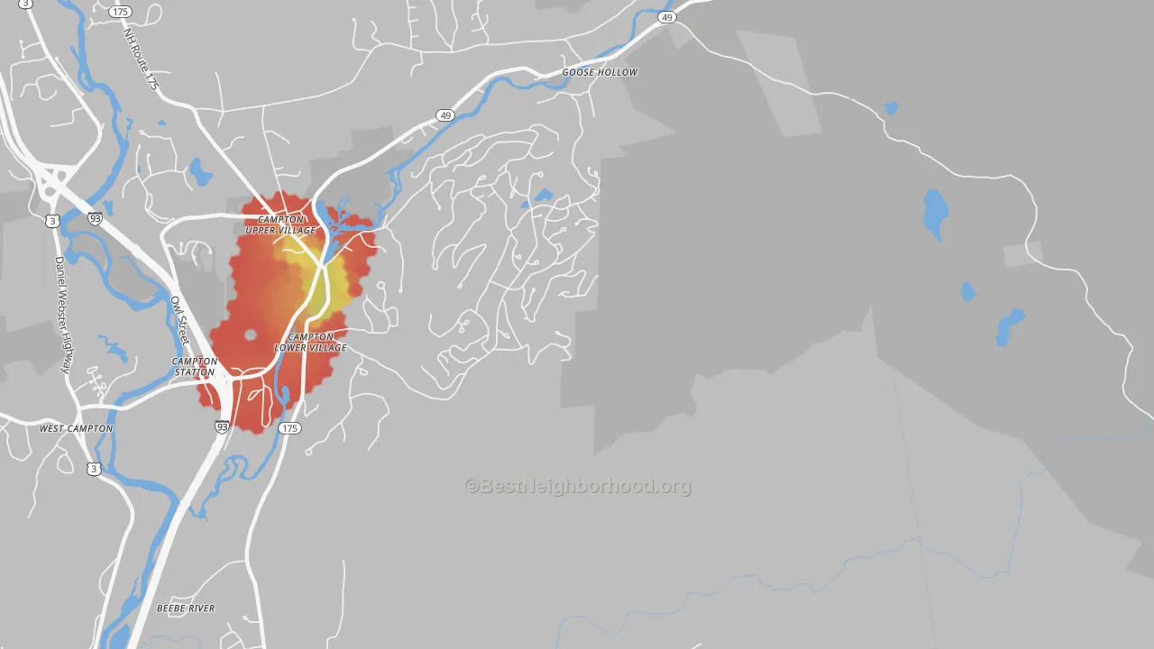 Walk Grade map of Campton Lower Village, NH, walkable areas in green and car-dependent areas in red