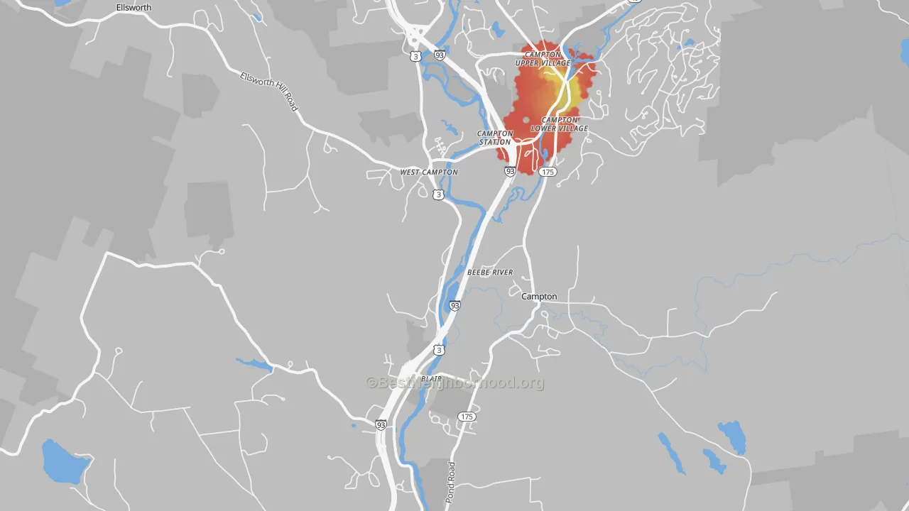 Walk Grade map of Campton, NH, walkable areas in green and car-dependent areas in red