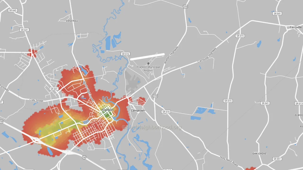 Walk Grade map of Camptown, VA, walkable areas in green and car-dependent areas in red
