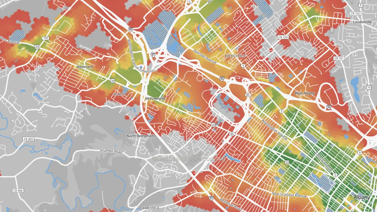 Walk Grade map of Campus Area, Albany, NY, walkable areas in green and car-dependent areas in red