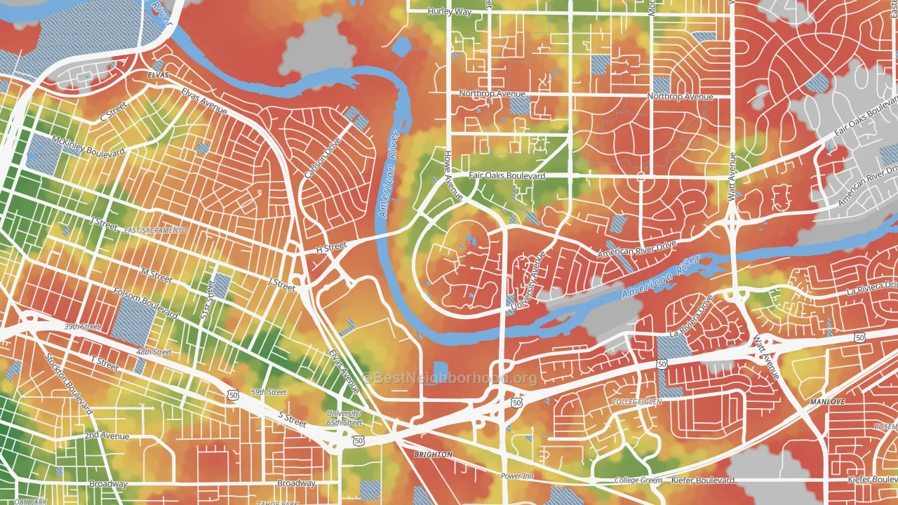 Walk Grade map of Campus Commons, Sacramento, CA, walkable areas in green and car-dependent areas in red