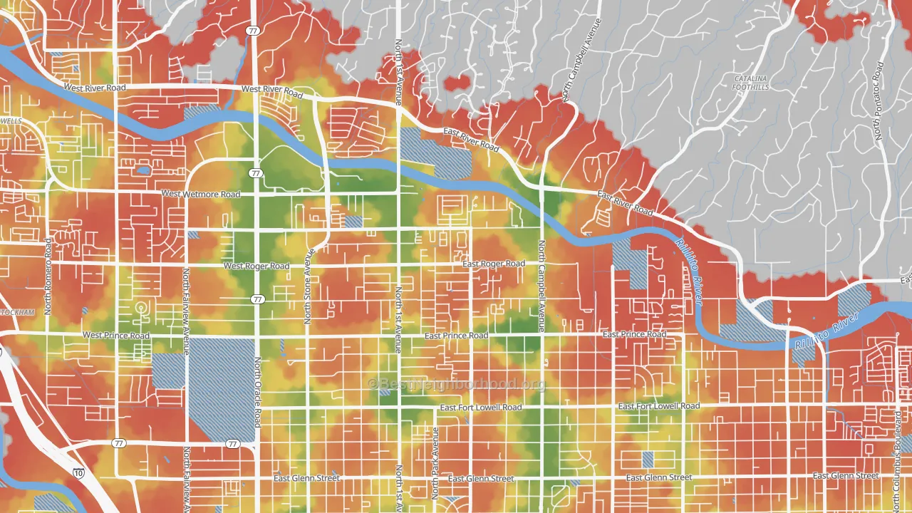 Walk Grade map of Campus Farm, Tucson, AZ, walkable areas in green and car-dependent areas in red