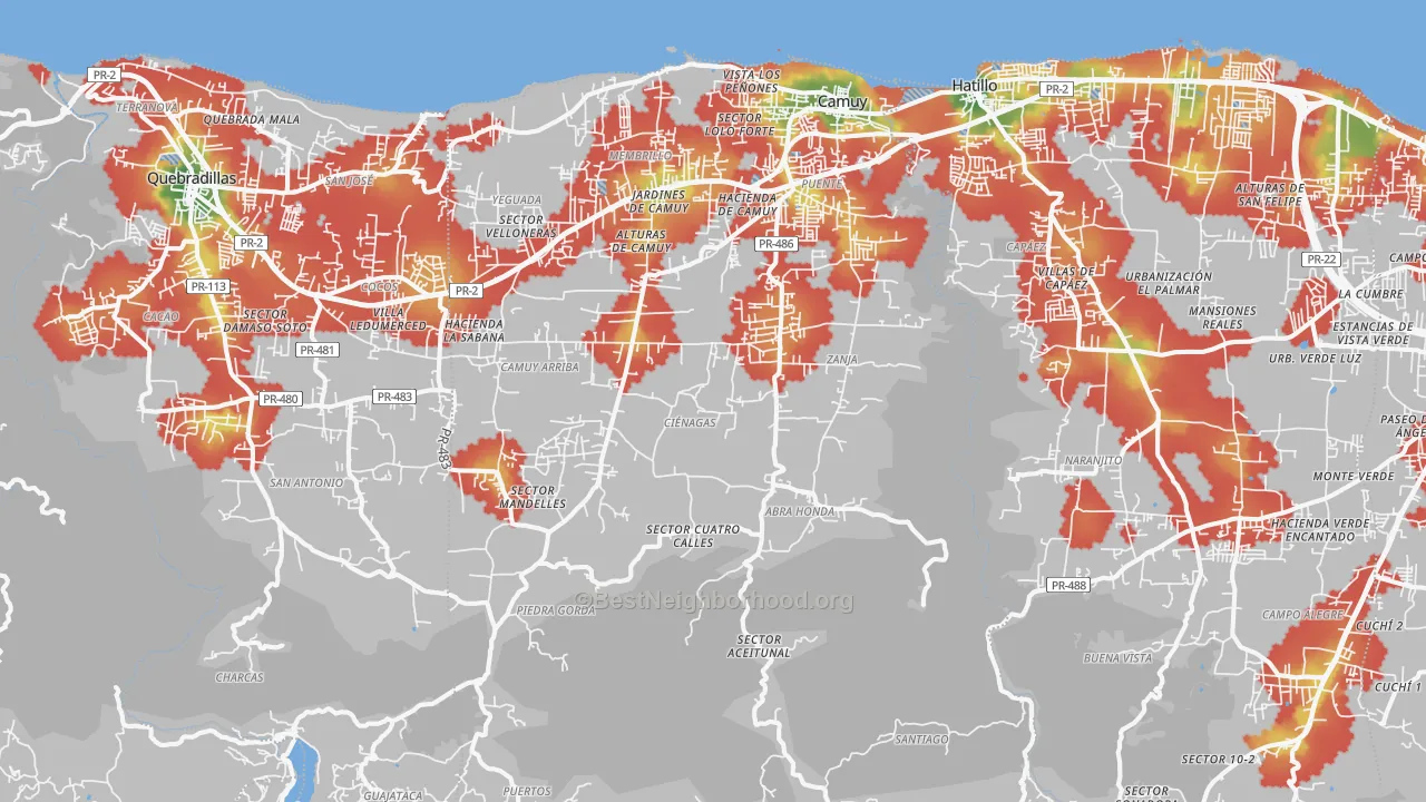 Walk Grade map of Camuy Municipio, PR, walkable areas in green and car-dependent areas in red