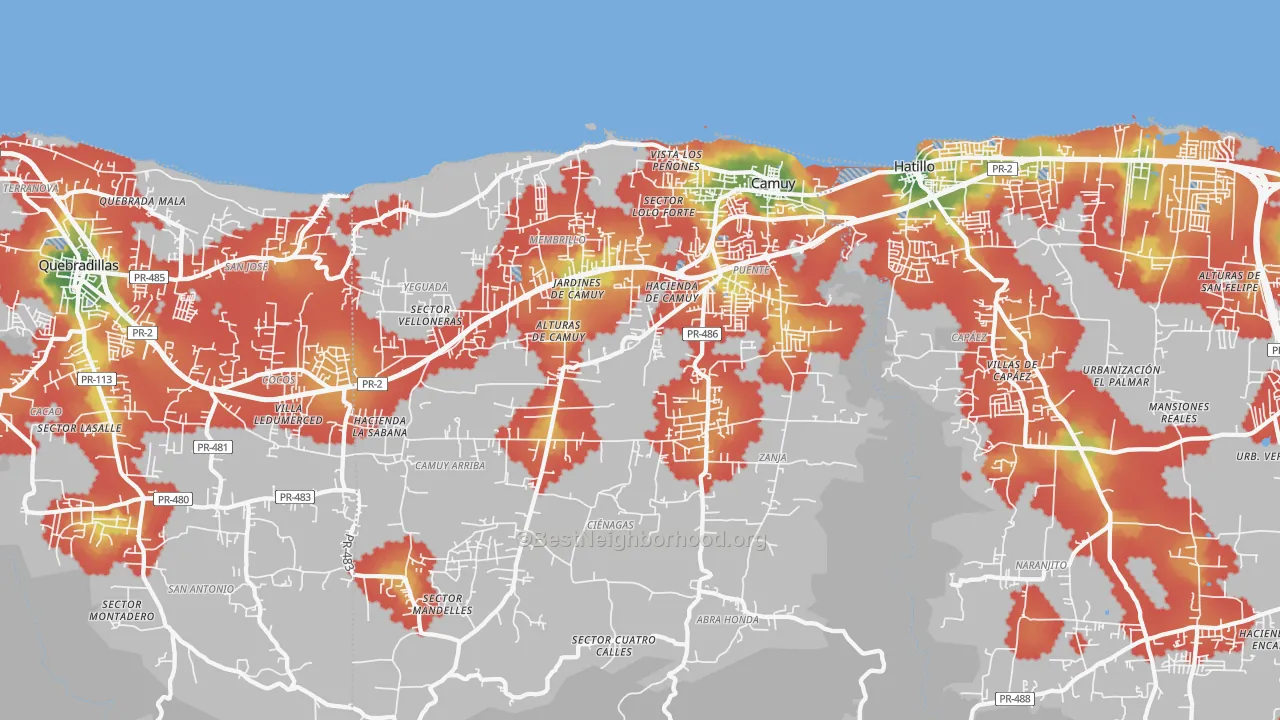 Walk Grade map of Camuy, PR, walkable areas in green and car-dependent areas in red