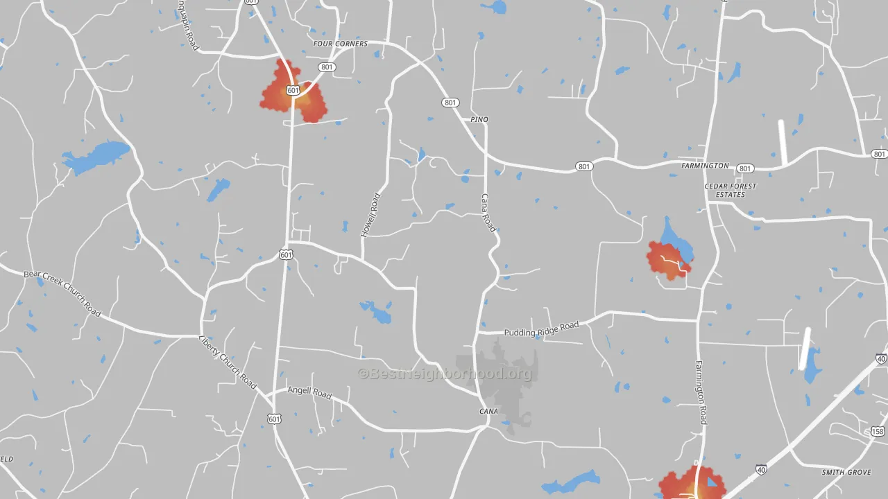 Walk Grade map of Cana, NC, walkable areas in green and car-dependent areas in red