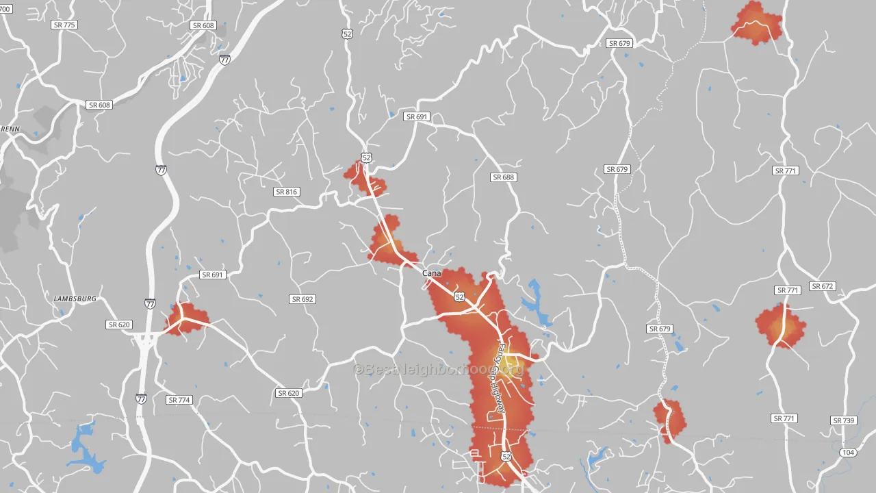 Walk Grade map of Cana, VA, walkable areas in green and car-dependent areas in red