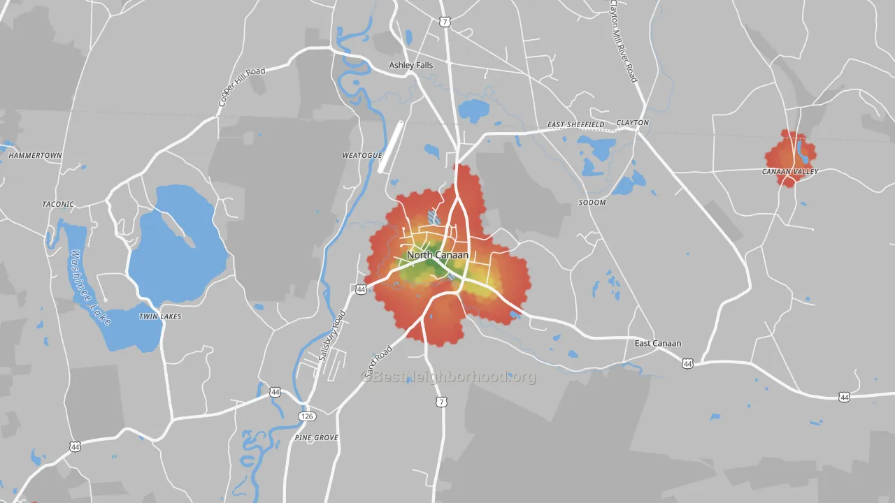 Walk Grade map of Canaan, CT, walkable areas in green and car-dependent areas in red