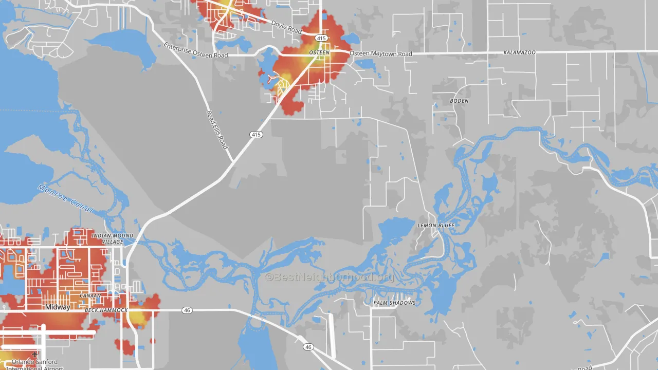 Walk Grade map of Canaan, FL, walkable areas in green and car-dependent areas in red