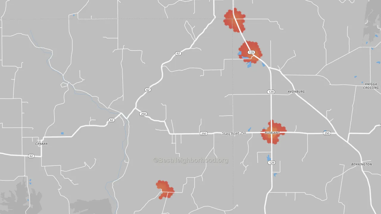 Walk Grade map of Canaan, IN, walkable areas in green and car-dependent areas in red