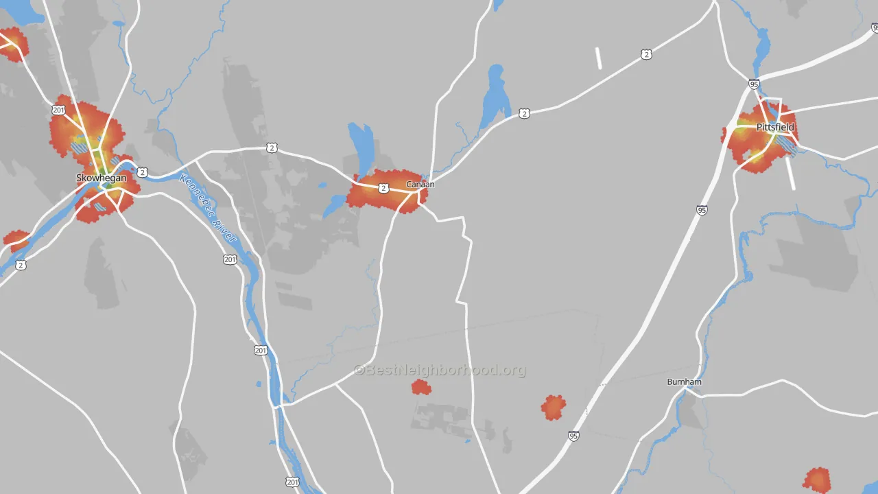 Walk Grade map of Canaan, ME, walkable areas in green and car-dependent areas in red