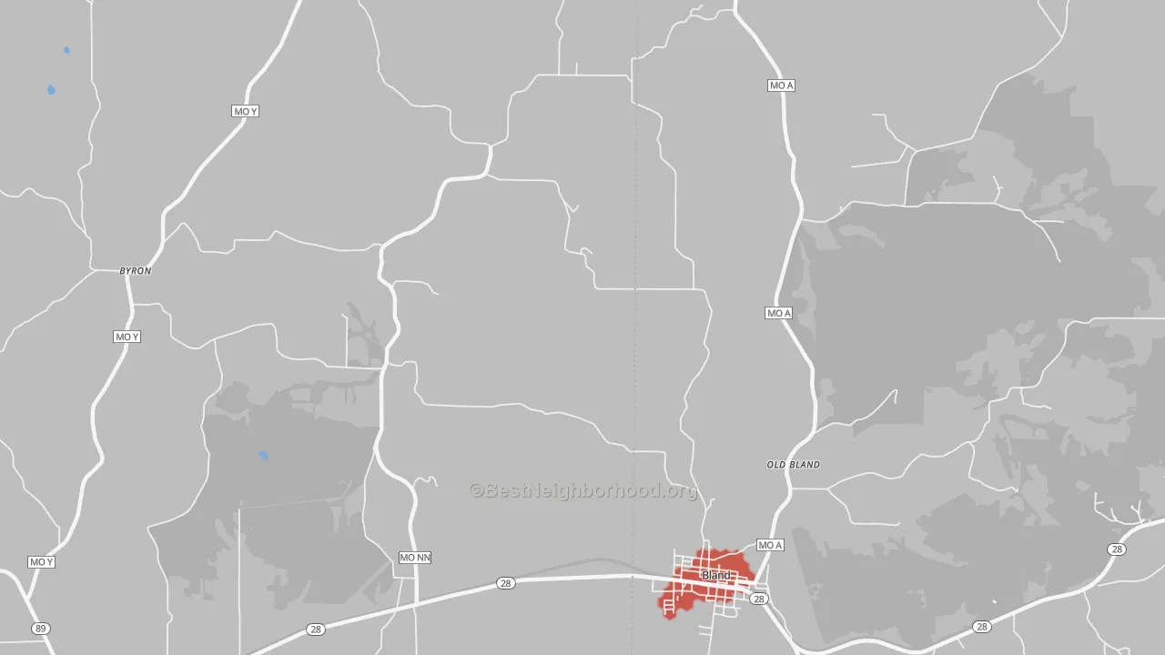 Walk Grade map of Canaan, MO, walkable areas in green and car-dependent areas in red