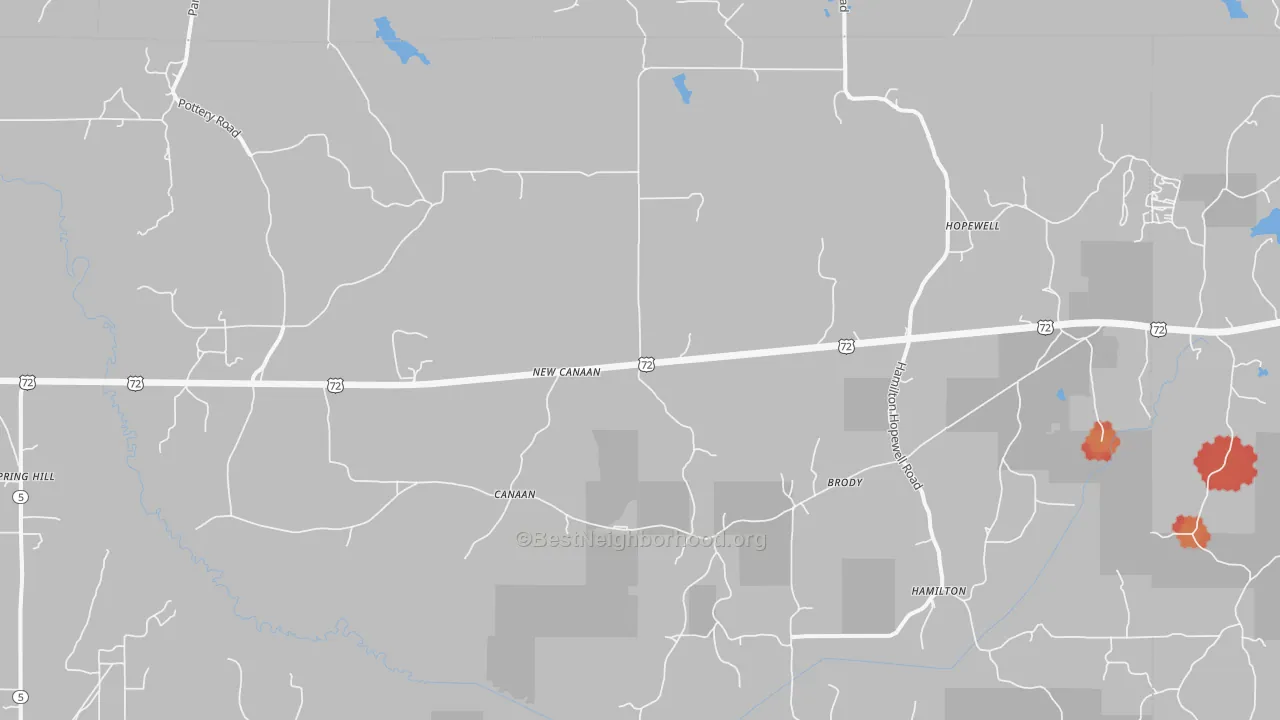 Walk Grade map of Canaan, MS, walkable areas in green and car-dependent areas in red