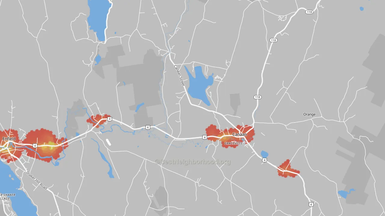 Walk Grade map of Canaan, NH, walkable areas in green and car-dependent areas in red