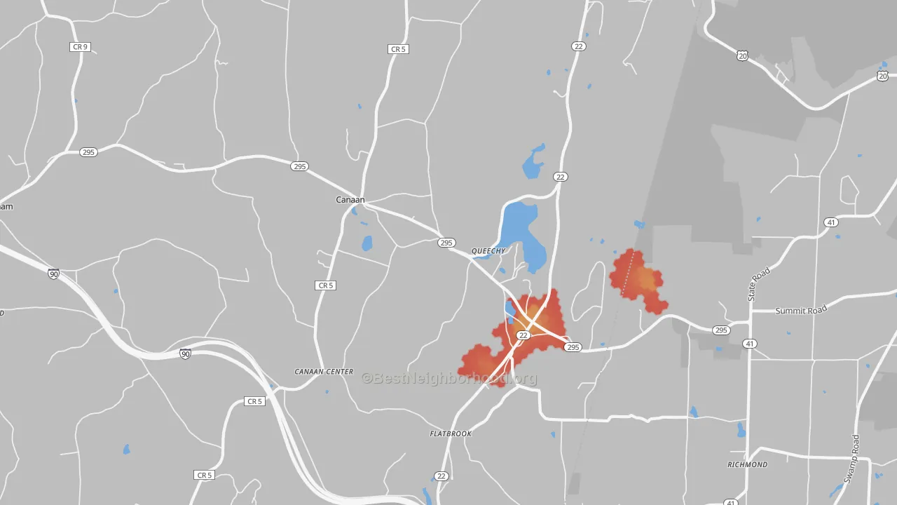 Walk Grade map of Canaan, NY, walkable areas in green and car-dependent areas in red