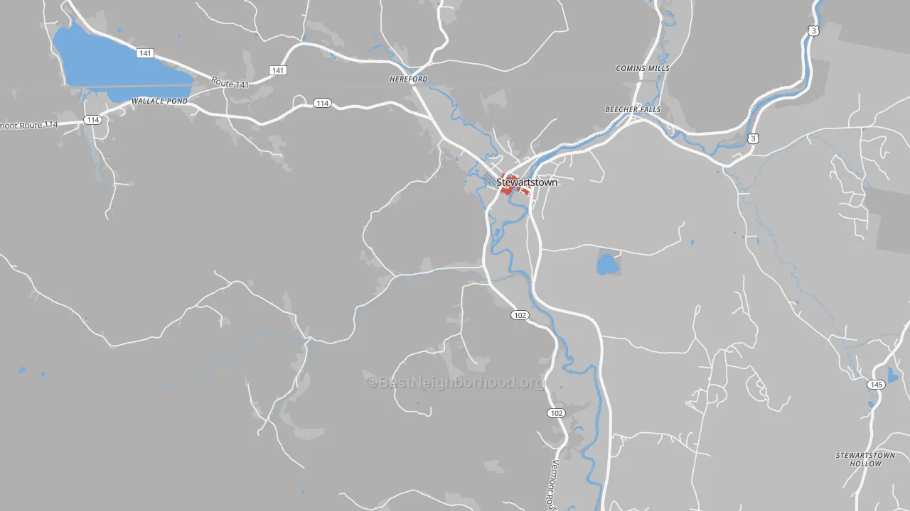 Walk Grade map of Canaan, VT, walkable areas in green and car-dependent areas in red