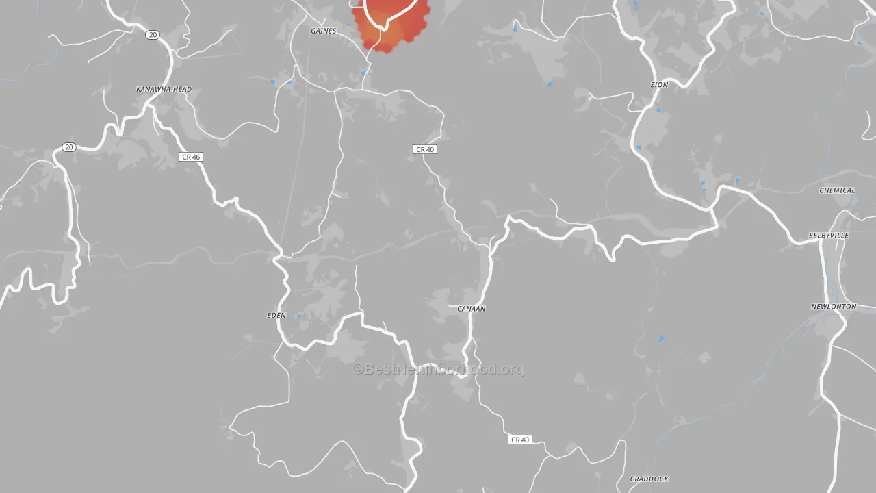 Walk Grade map of Canaan, WV, walkable areas in green and car-dependent areas in red