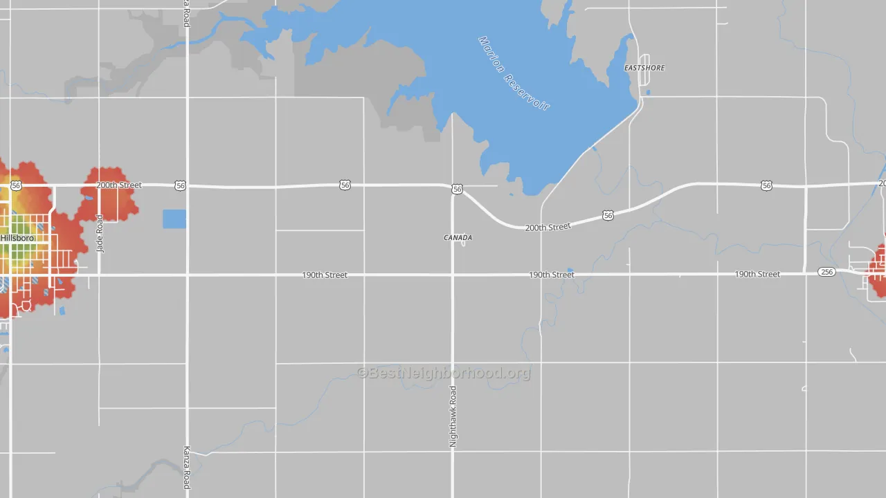 Walk Grade map of Canada, KS, walkable areas in green and car-dependent areas in red