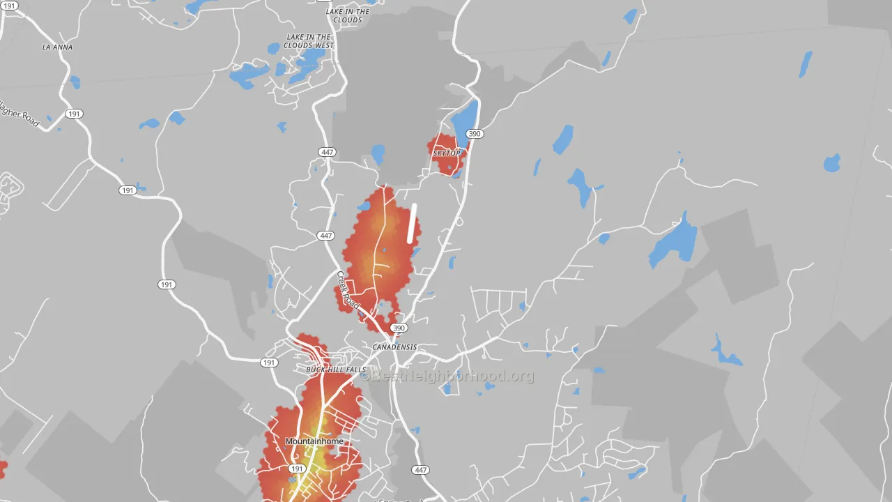 Walk Grade map of Canadensis, PA, walkable areas in green and car-dependent areas in red
