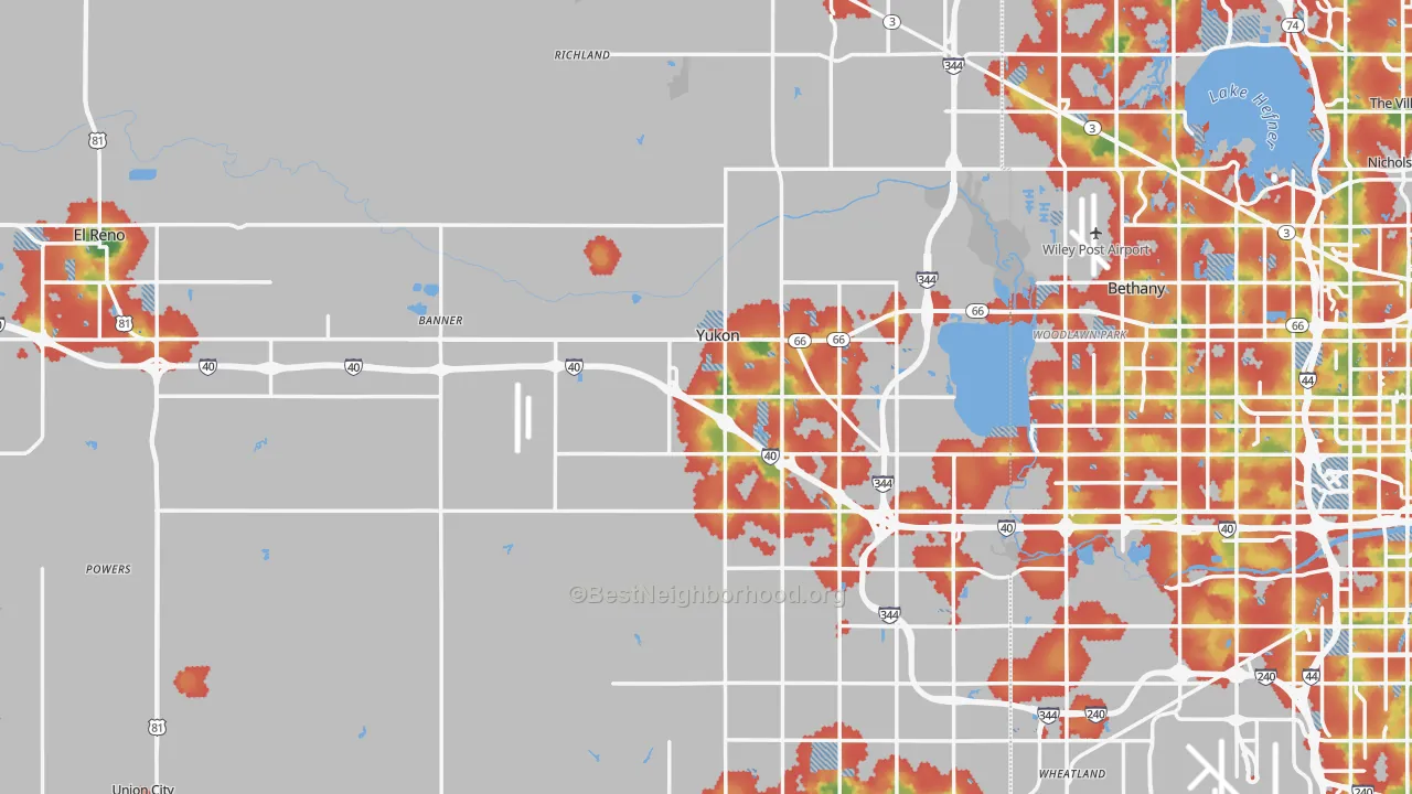 Walk Grade map of Canadian County, OK, walkable areas in green and car-dependent areas in red