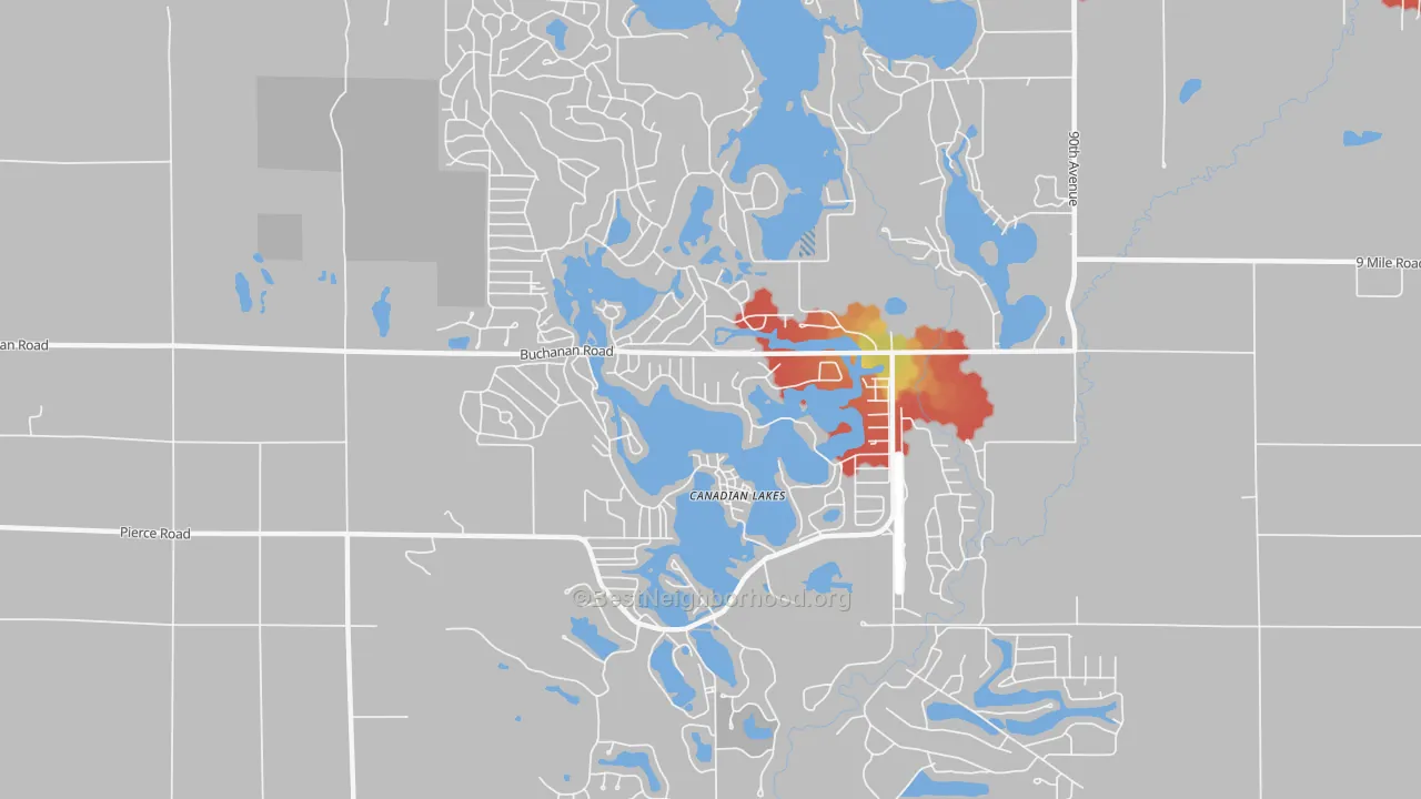 Walk Grade map of Canadian Lakes, MI, walkable areas in green and car-dependent areas in red