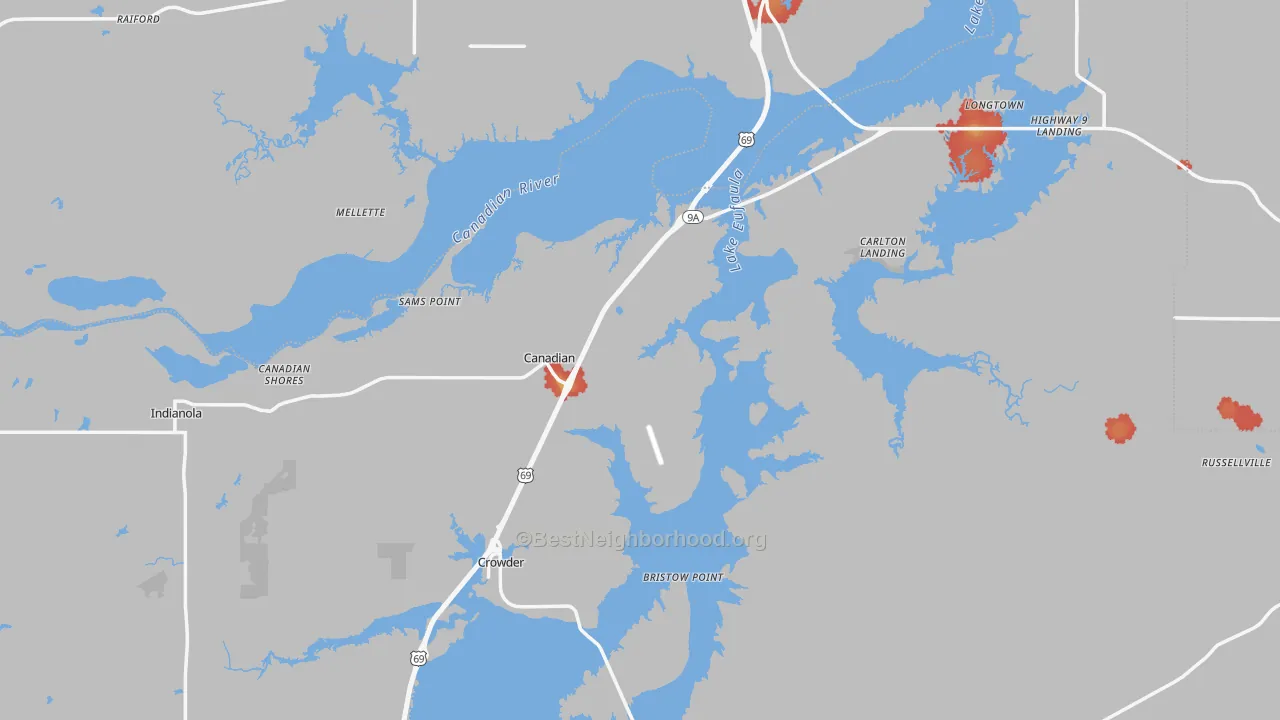 Walk Grade map of Canadian, OK, walkable areas in green and car-dependent areas in red