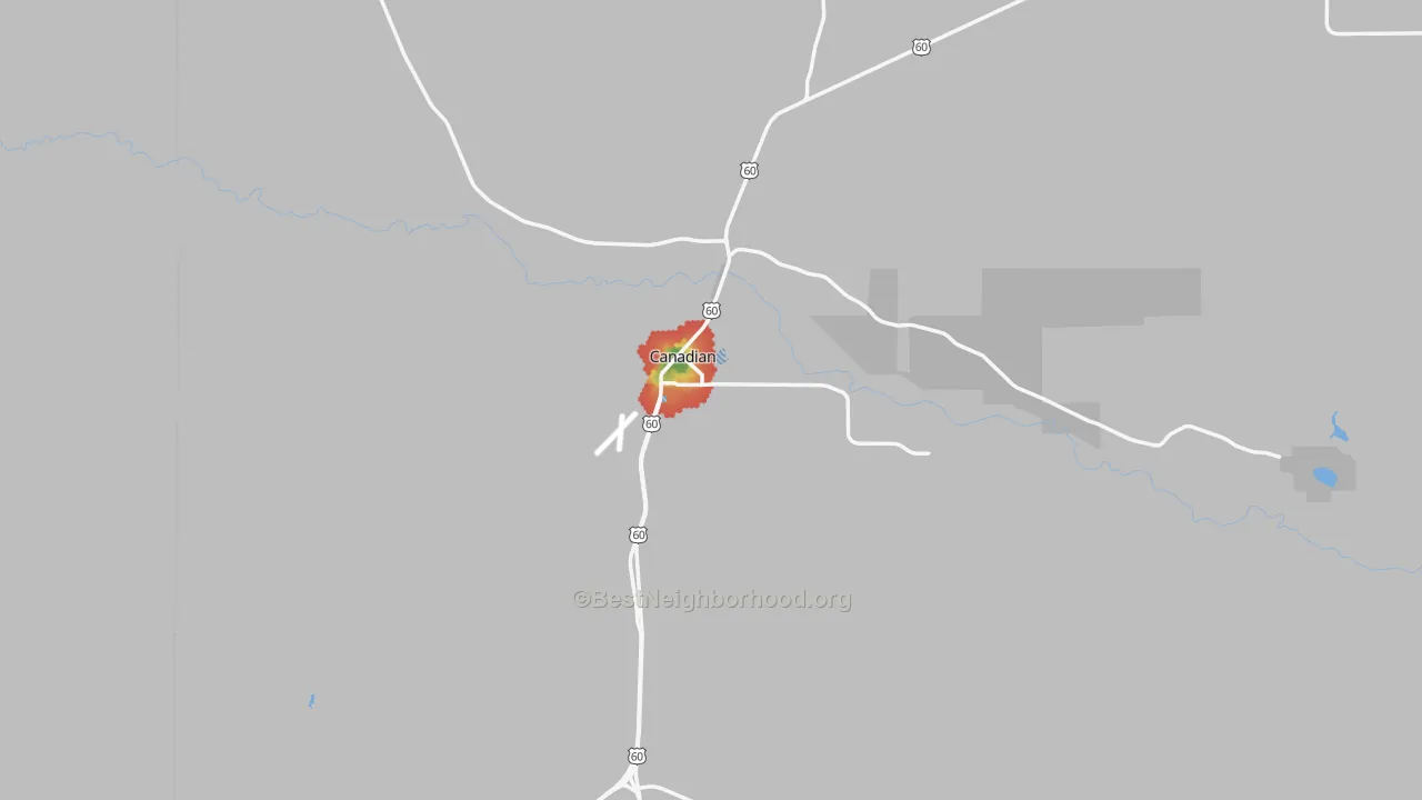 Walk Grade map of Canadian, TX, walkable areas in green and car-dependent areas in red