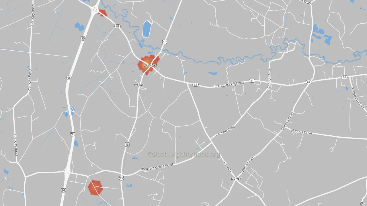 Walk Grade map of Canadys, SC, walkable areas in green and car-dependent areas in red