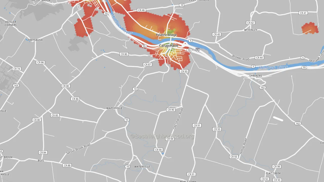 Walk Grade map of Canajoharie, NY, walkable areas in green and car-dependent areas in red