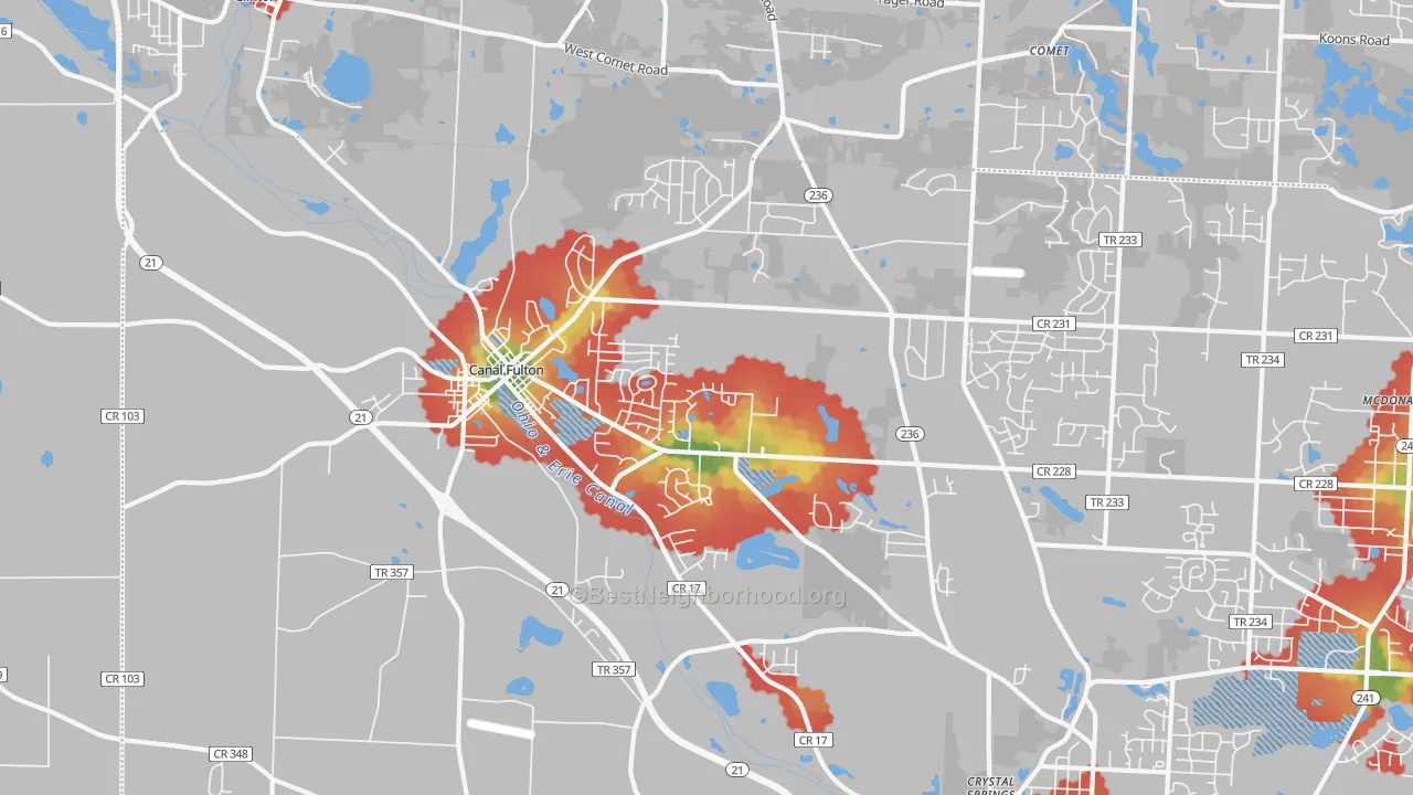Walk Grade map of Canal Fulton, OH, walkable areas in green and car-dependent areas in red