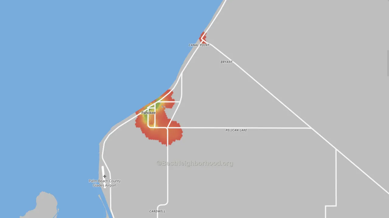 Walk Grade map of Canal Point, FL, walkable areas in green and car-dependent areas in red