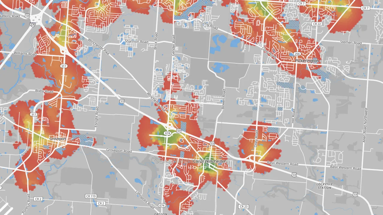 Walk Grade map of Canal Winchester, OH, walkable areas in green and car-dependent areas in red