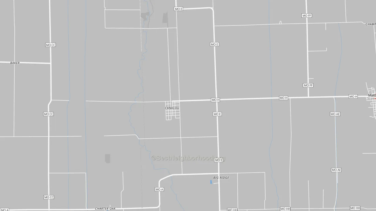 Walk Grade map of Canalou, MO, walkable areas in green and car-dependent areas in red