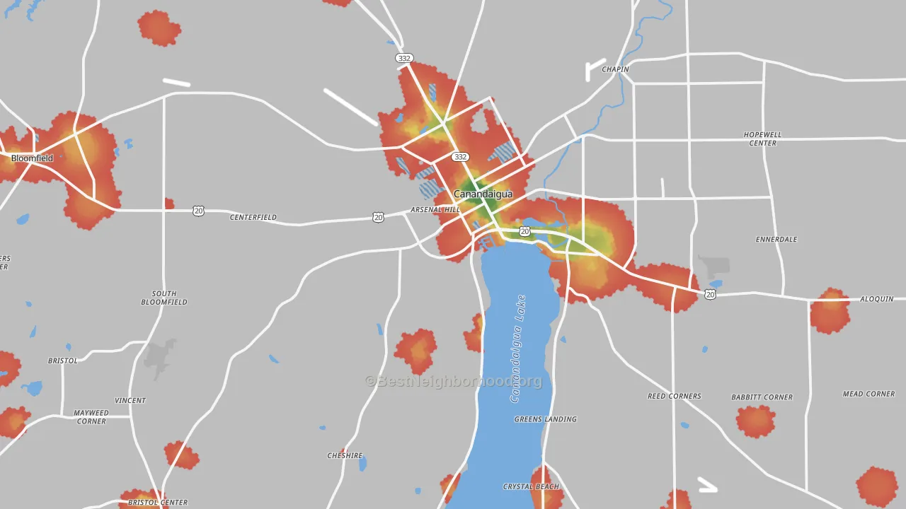 Walk Grade map of Canandaigua, NY, walkable areas in green and car-dependent areas in red