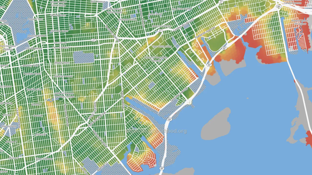 Walk Grade map of Canarsie, Brooklyn, NY, walkable areas in green and car-dependent areas in red