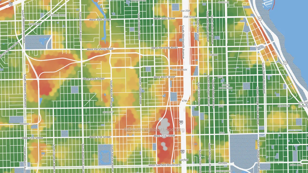 Walk Grade map of Canaryville, Chicago, IL, walkable areas in green and car-dependent areas in red