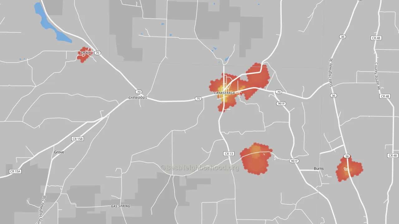 Walk Grade map of Canaseraga, NY, walkable areas in green and car-dependent areas in red