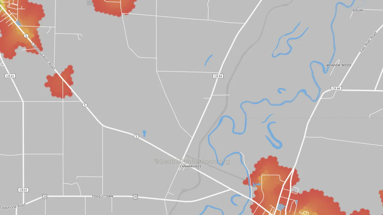 Walk Grade map of Canawaugus, NY, walkable areas in green and car-dependent areas in red