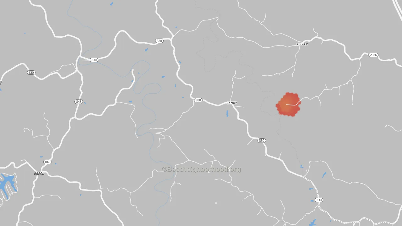 Walk Grade map of Canby, KY, walkable areas in green and car-dependent areas in red
