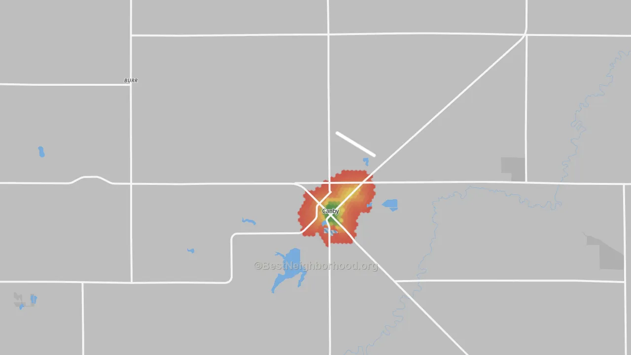 Walk Grade map of Canby, MN, walkable areas in green and car-dependent areas in red