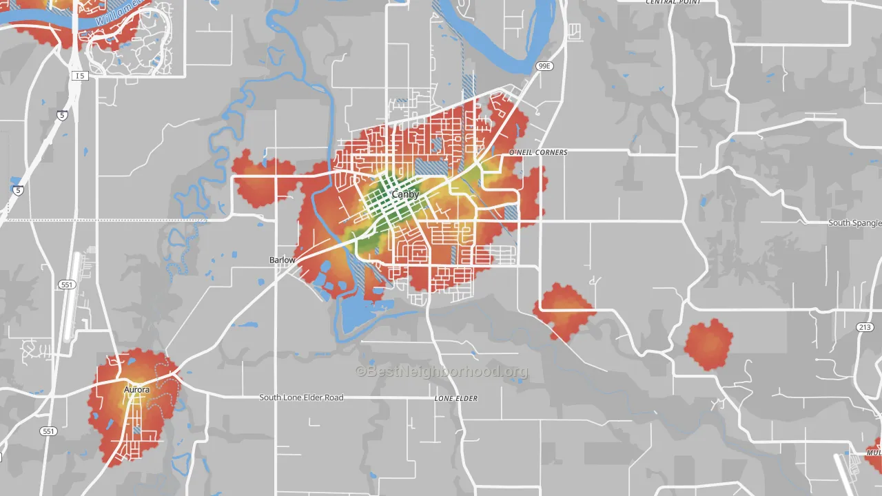 Walk Grade map of Canby, OR, walkable areas in green and car-dependent areas in red