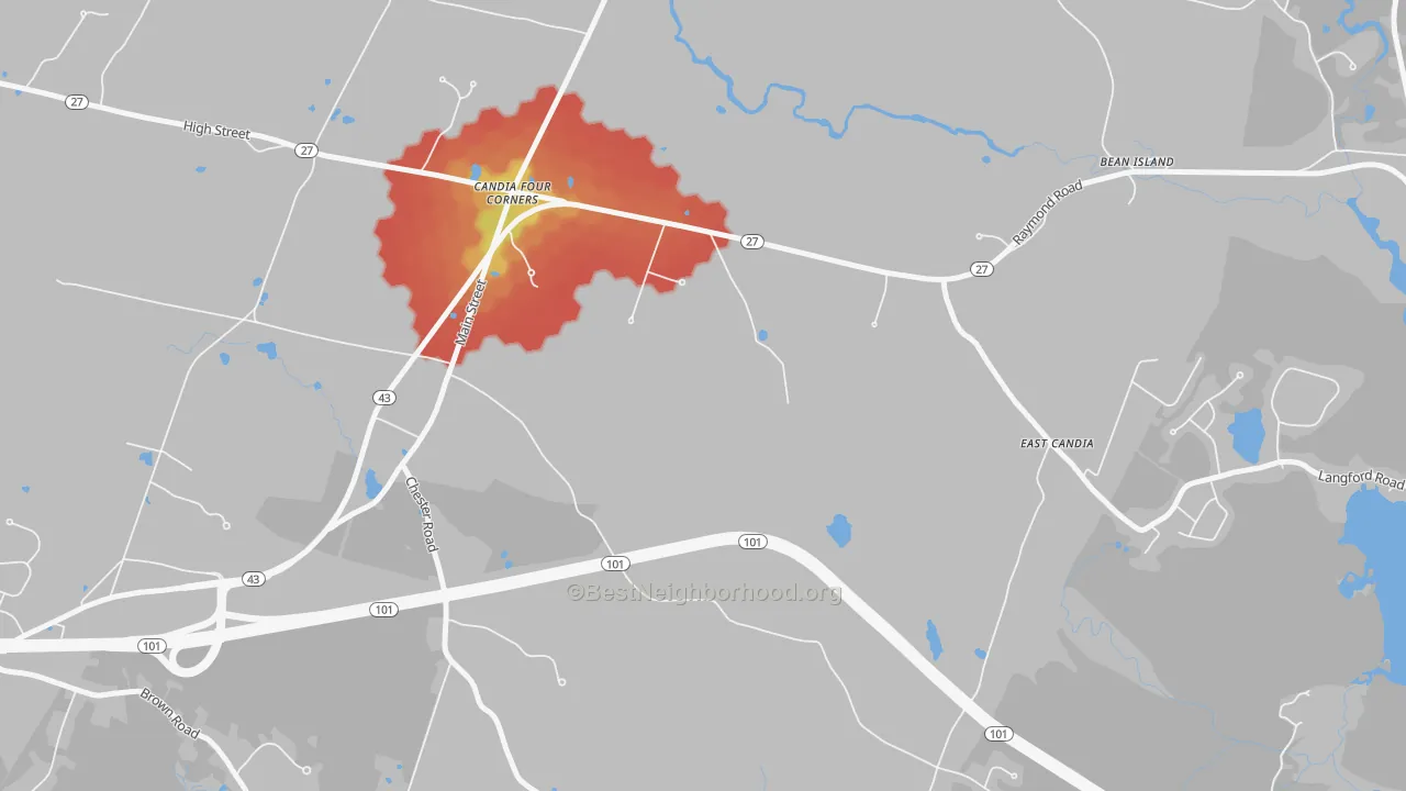 Walk Grade map of Candia Four Corners, NH, walkable areas in green and car-dependent areas in red