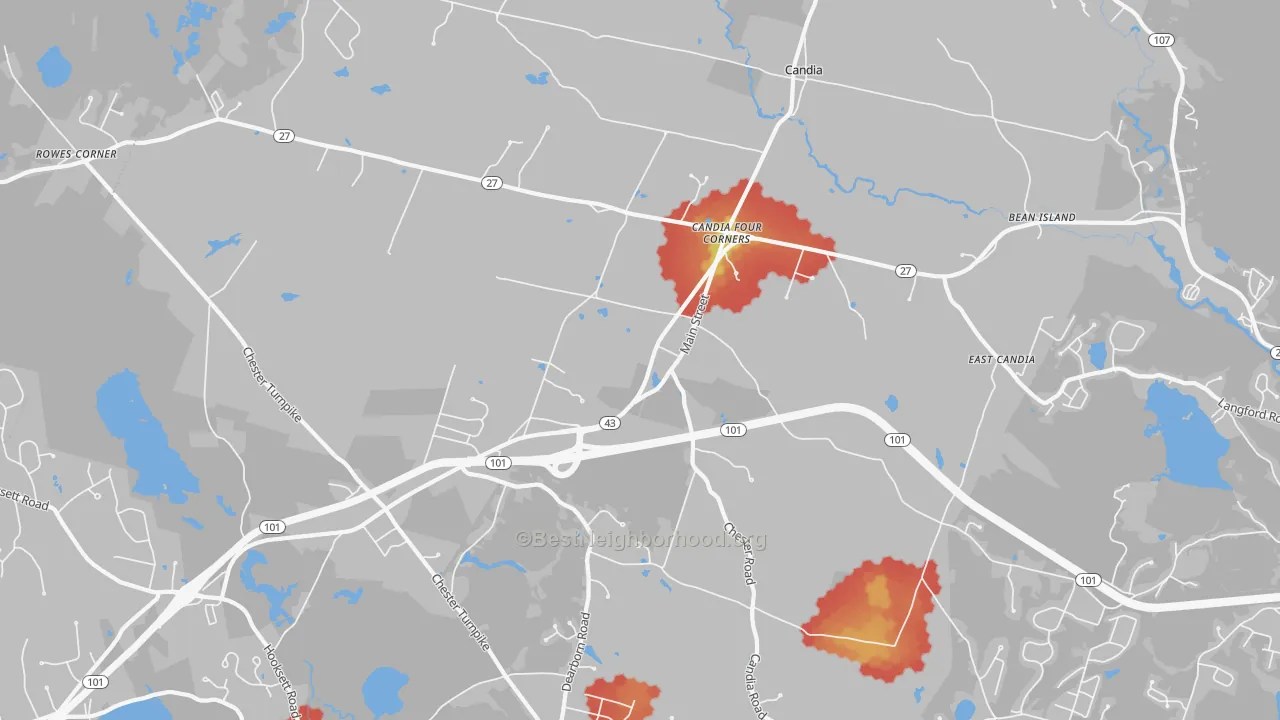 Walk Grade map of Candia, NH, walkable areas in green and car-dependent areas in red
