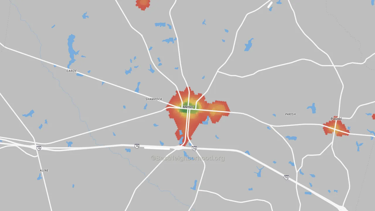 Walk Grade map of Candler County, GA, walkable areas in green and car-dependent areas in red