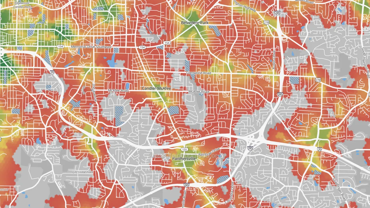 Walk Grade map of Candler-McAfee, GA, walkable areas in green and car-dependent areas in red