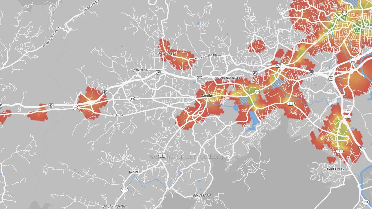 Walk Grade map of Candler, NC, walkable areas in green and car-dependent areas in red