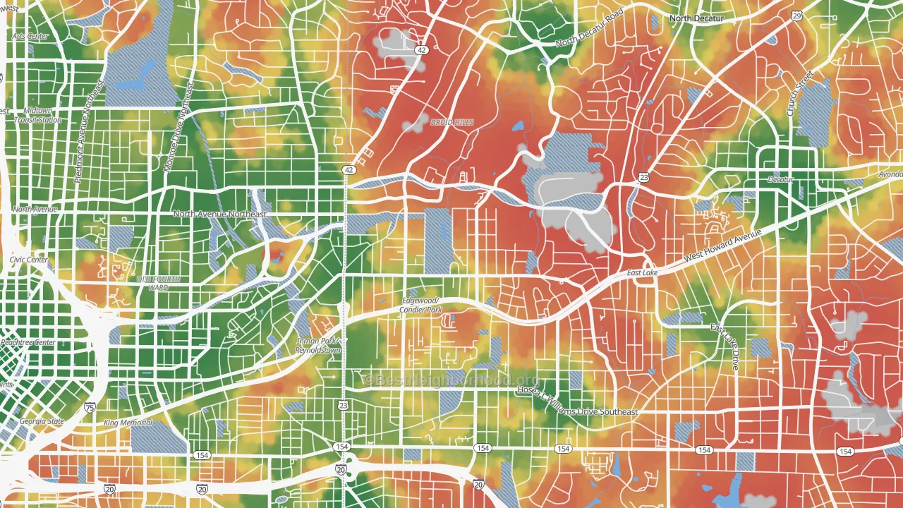 Walk Grade map of Candler Park, Atlanta, GA, walkable areas in green and car-dependent areas in red