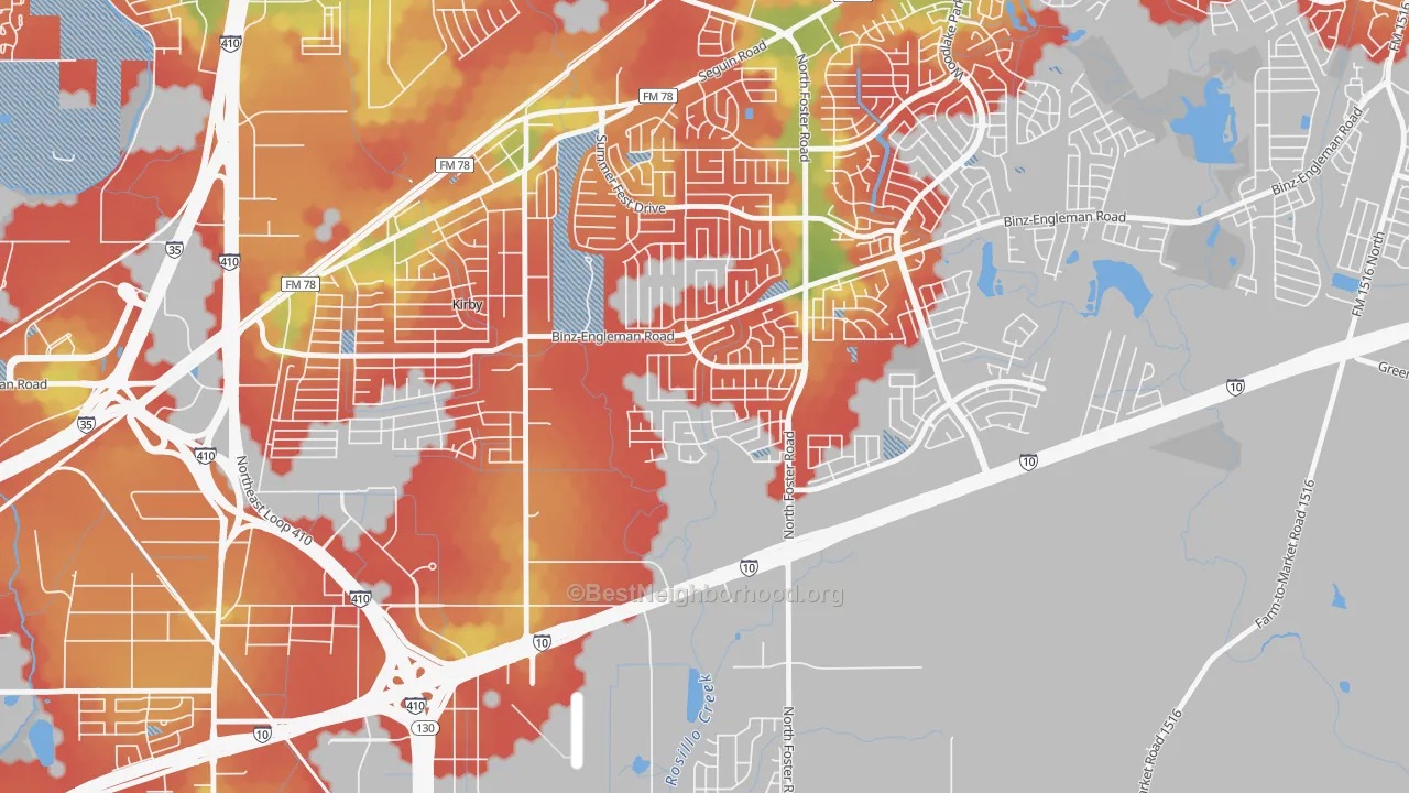 Walk Grade map of Candlewood Park, San Antonio, TX, walkable areas in green and car-dependent areas in red