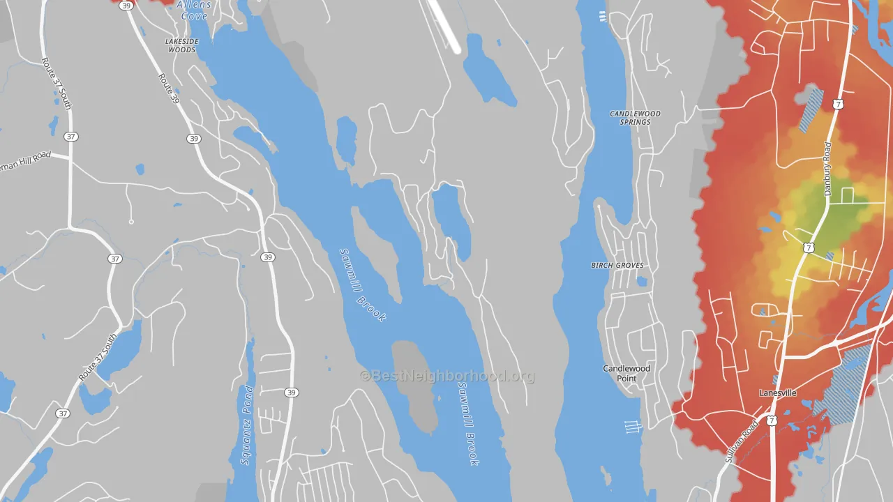 Walk Grade map of Candlewood Point, CT, walkable areas in green and car-dependent areas in red