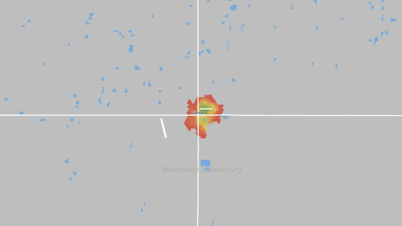 Walk Grade map of Cando, ND, walkable areas in green and car-dependent areas in red