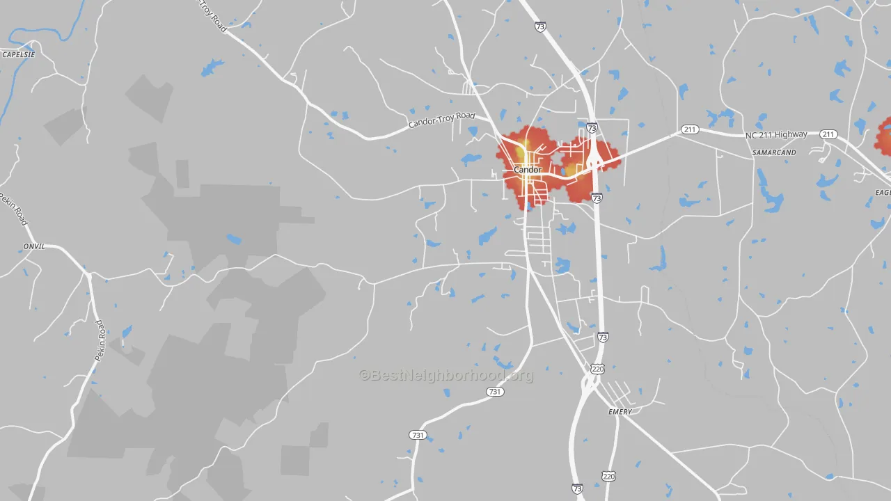 Walk Grade map of Candor, NC, walkable areas in green and car-dependent areas in red